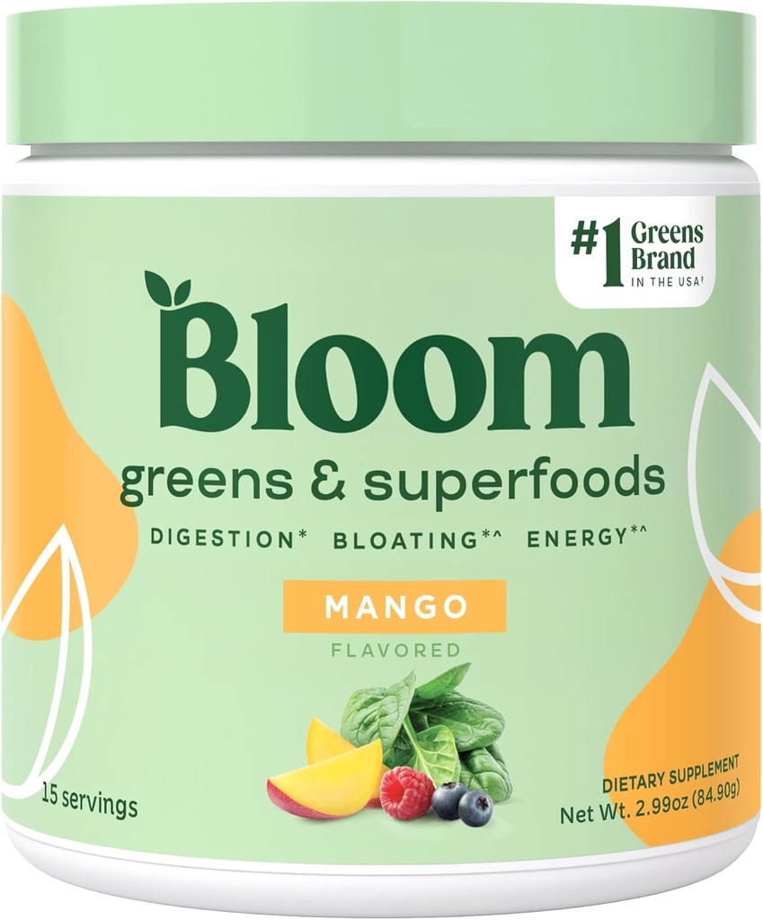 Bloom Nutrition Superfood Green Powder, Digestive Enzymy w / Probiotika & Prebiotika, Gut Health, Bloating Relief for Women, Chlorella, 15 SVG (15 Servings (Pack of 1), Mango)
