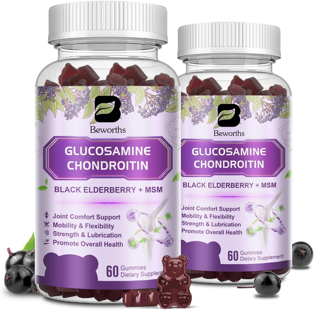 (2 Pack) Glucosamine Chondroitin Gummies, Extra Strength Joint Supplement with MSM & Elderberry for Mobility & Flexibility, Antioxidant Support for Men & Women, 120 Gummies
