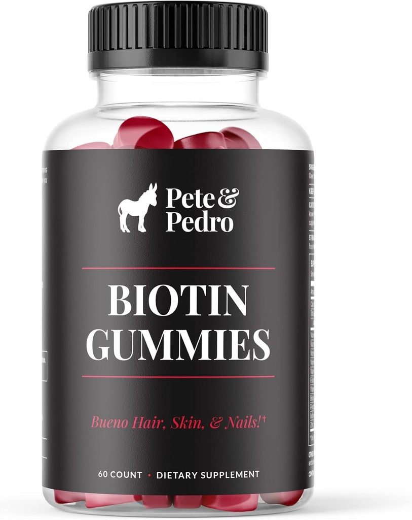 Pete & Pedro BIOTIN gumy pro vlasy, kůže a hřebíky růst pro ženy a muže 124; růst vlasů doplněk pro silnější pokožku, & nehty 124; třešňový Biotin Gummy 5000mcg Per sloužit 124; viděn na Shark Tank, 60 Počet