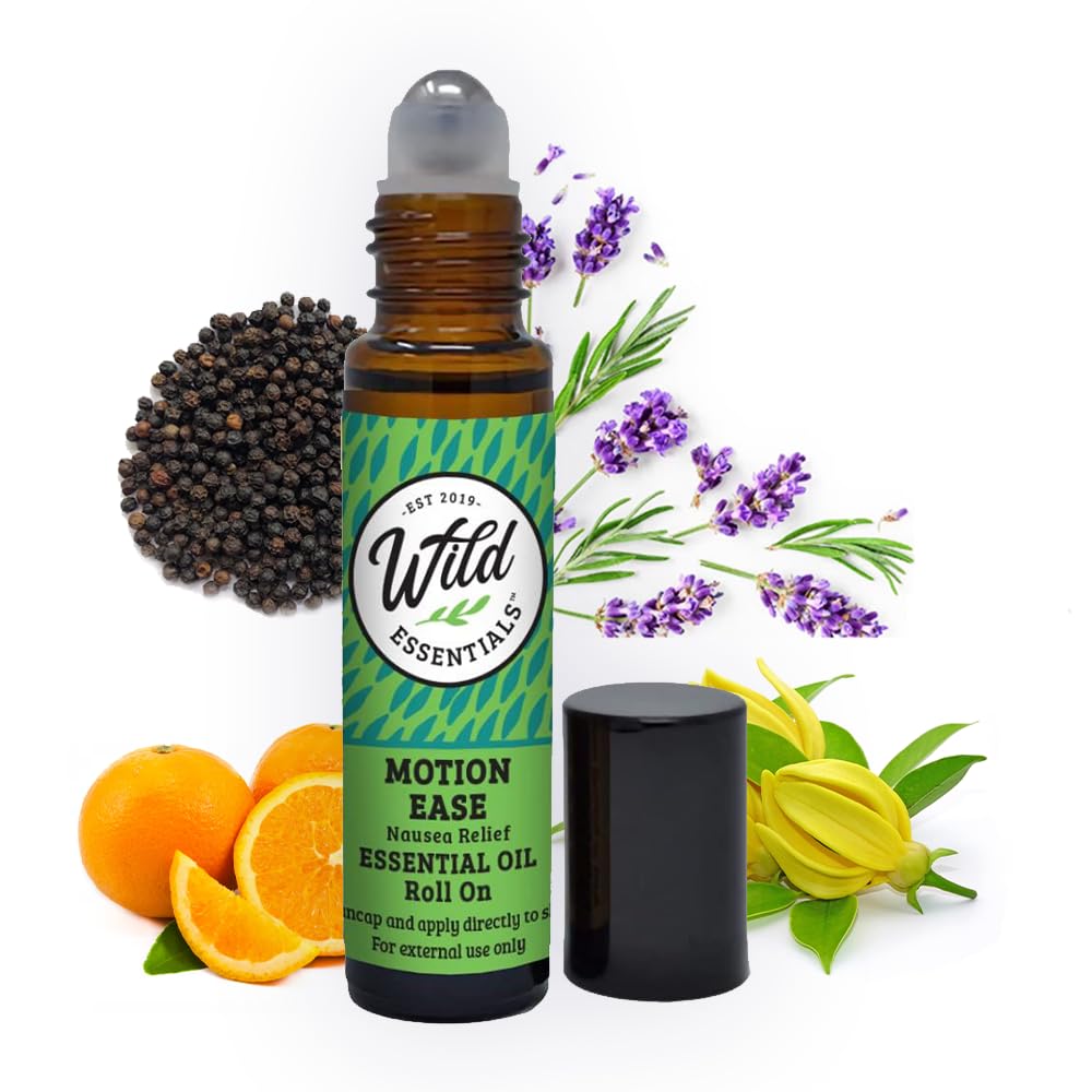 Wild Essentials Motion Ease Essential Oil Roll On, 10ml Motion Nemoci, Nausea, Upset Stomach, Vertigo, Dizzy, Seasick, Carsick, Made with Organic Jojoba Oil, Ready to Use, Moisturizer, Vše přírodní