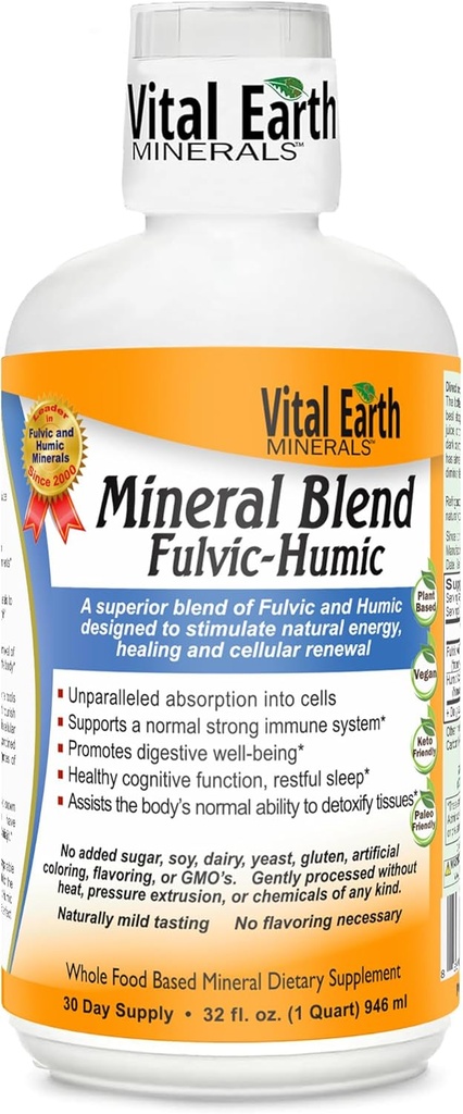 Vital Earth Minerály Fulvic Humic Mineral Směs Liquid - Fulvic Acid Dodatek s 70 + Stopy Minerály, Elektrolyty pro obnovu, Balance & Energy, 32 Oz + 1 Oz Cup
