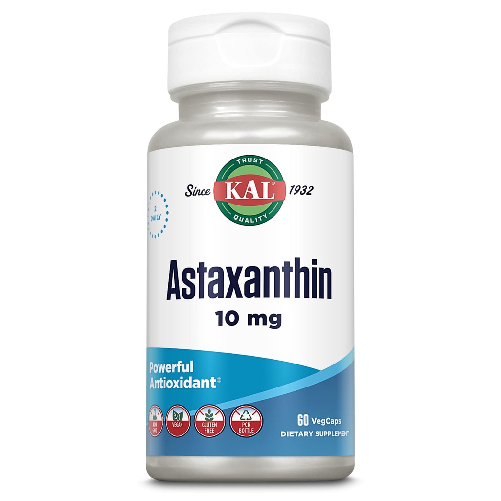 KAL Astaxanthin 10mg, Výkonný doplněk antioxidantů, Oční zdraví a mozkový dodatek, Od přírodního zdroje rostlin, Non- GMO, Vegan, gluten zdarma, 30 Služeb, 60 VegCaps