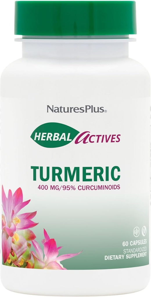 Natures Plus Bylinné Actives Turmeric - 400 mg, 95% Kurkumin, 60 Veganské Kapsle - Vegetariánské, Bezlepkové - 60 Služeb