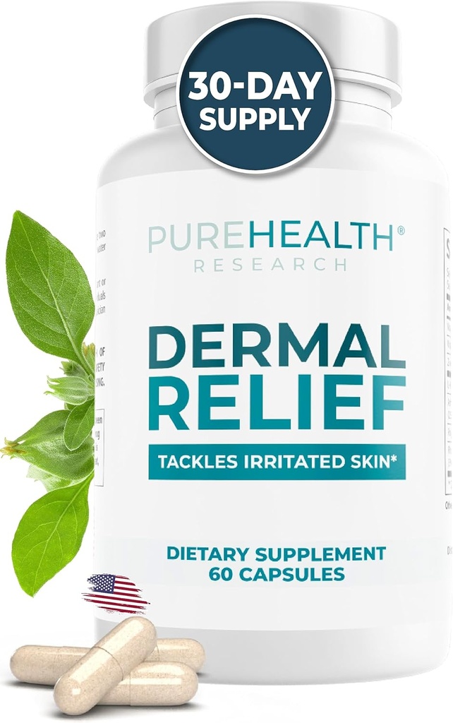 PUREHEALTH VÝZKUM Dermal Relief doplňky - pro podrážděnou pleť, ekzém a dermatitidu s L- Histidin, Ashwagandha Root Extract, Rhoddiola Crenulata, Vitamin D a E - 1 lahvička - 60 Kapsle