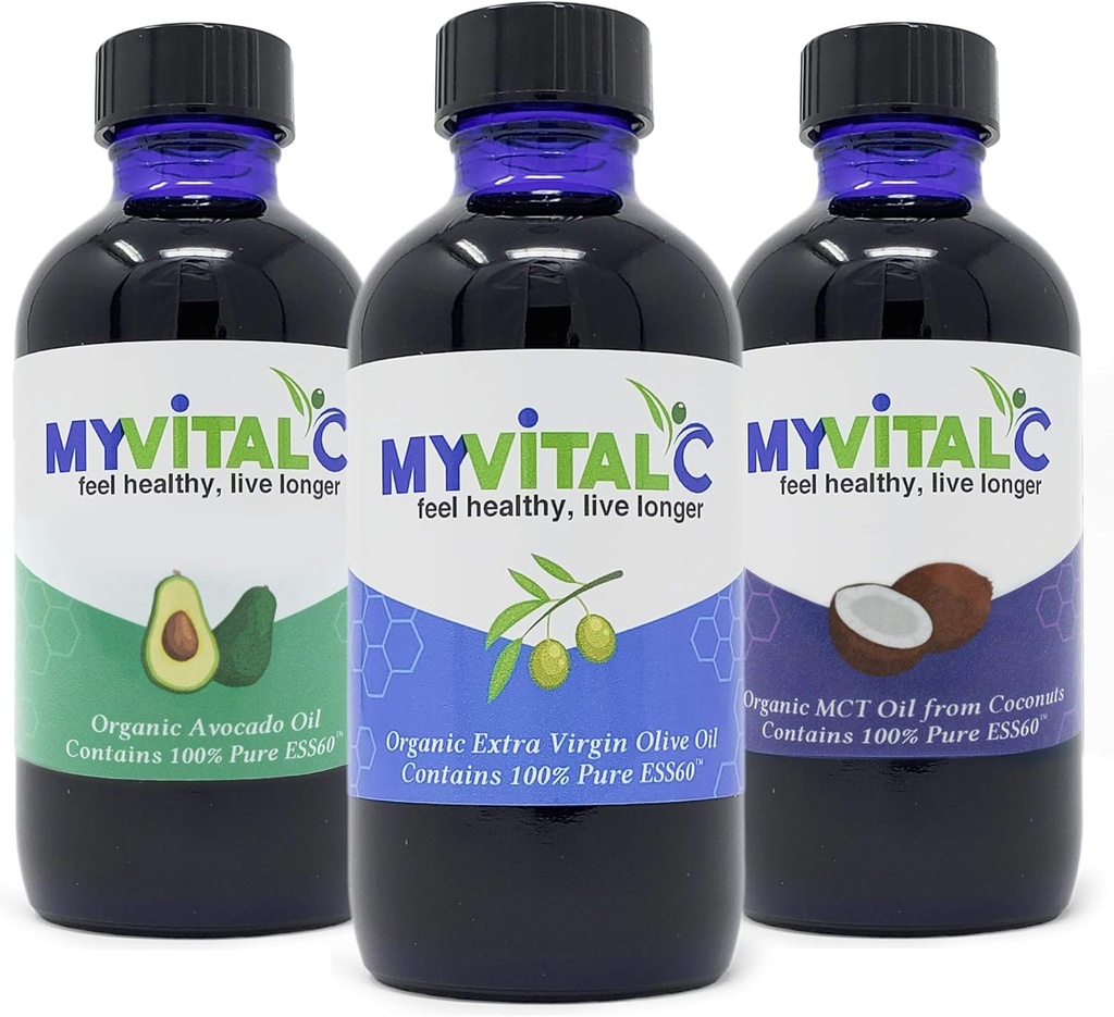 MyVitalC Combo of Organic Extra Virgin Olive Oil, MCT & Avocado Oil - ESS60 Antioxidant Supplement - for Anti- Aging, Longevity, Sleep, Energy - Pack of 3