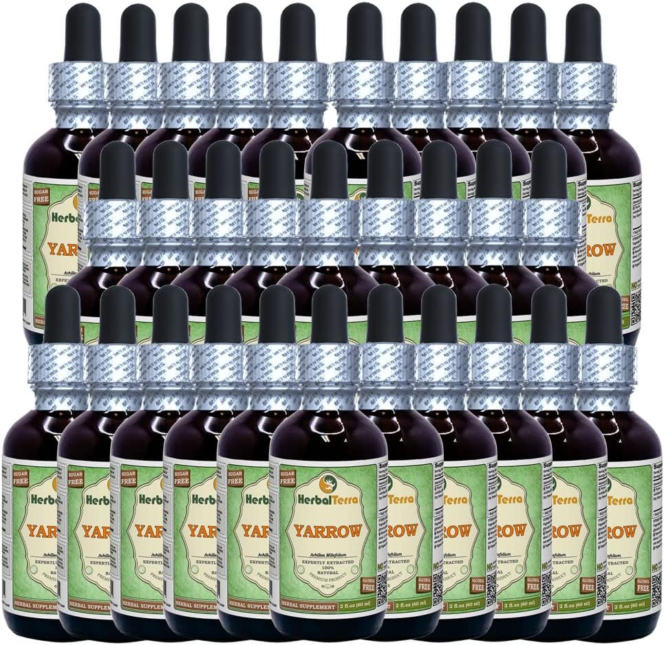 Yarrow (Achillea Millefolium) Glycerite, Organic Sured Flowers Alcohol- Free Liquid Extract (Značka: HerbalTerra, Proudly Made in USA) 30x2 fl.oz (30x60 ml)