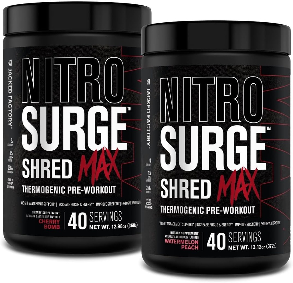 Jacked Factory Nitrofresh Shred Max Precvičení - high- Performance Thermogenic Pre Workout Powder with L Citruline, Acetyl L Carnitin, Organic Caffeine - 80 Servings, Cherry Bomb & Watermeloun Peach