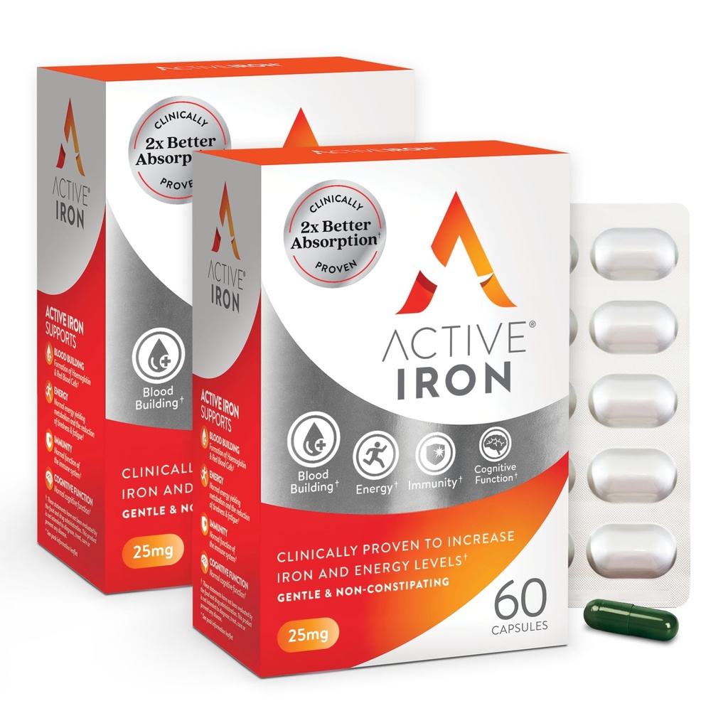 Active Iron Supplement 25mg - Klinicky osvědčené zvýšení hladiny železa a energie - Gentle, Non- Constipating, Vysoce absorbované - 120 Kapsle