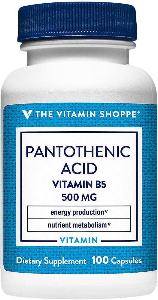 Vitamin Shoppe Pantotenová kyselina 500MG, s vitaminem B5, podporuje výrobu energie a vlasy, kůže, nehty, jednou denně (100 kapslí)