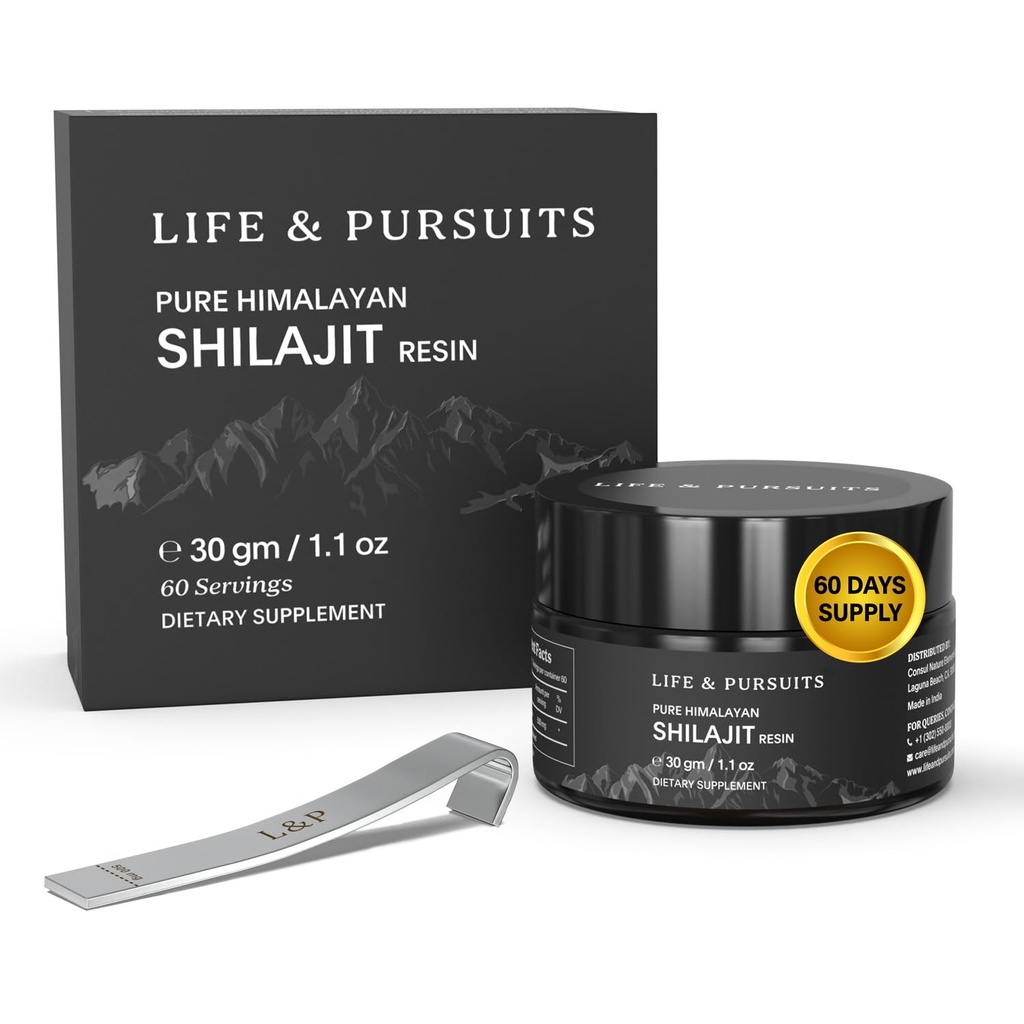 Life & agrits 100% Pure Real India Himalayan Shilajit Resin, 1.1 oz 500mg, Minimum 75% Fulvic Acid, 85 + Trace Minerály, Dietní dodatek pro muže 3. strana Laboratorní zpráva, 60 Služebníci (balení po 1)