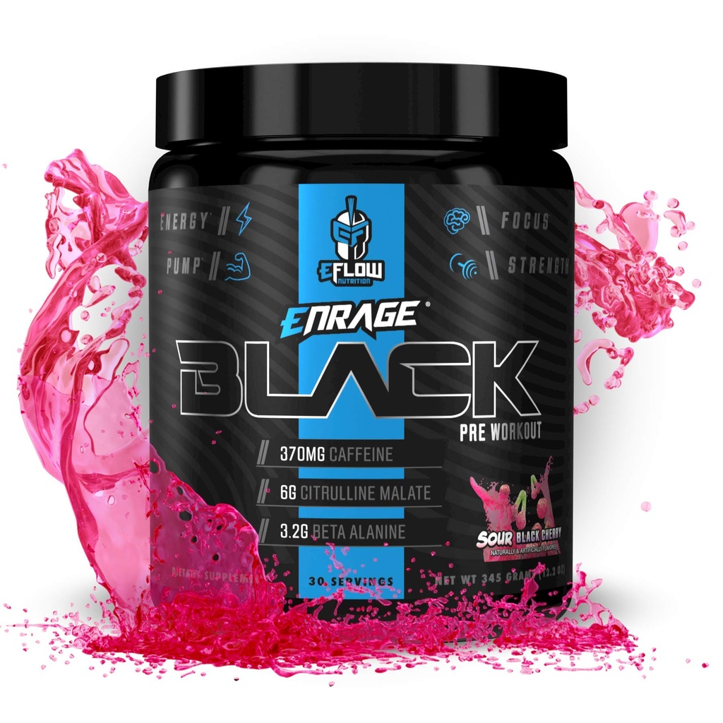 eFlow Nutrition Enrage Black High Stimulant Pre Workout Dodatek - Předcvičení prášek na zvýšení energie, čerpadla a sílu - 4 Flavors (30 Služeb) (Sour Black Cherry)