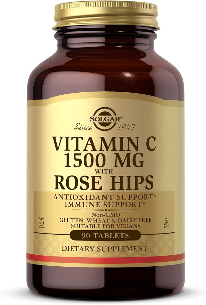 Solgar Vitamin C 1500 mg s Rose HIPS, 90 Tablety - Antioxidant & Imunitní podpora - Celkové zdraví - Podporuje zdravou pleť & Spojky - Non- GMO, Vegan, Gluten Free, Dairy Free, Kosher - 90 Služeb
