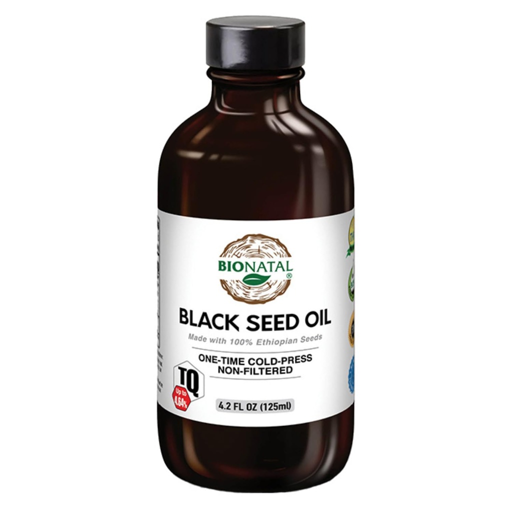 BioNatal Etiopian Black Seed Oil 4.2oz Glass-Cold Pressed Nigella Sativa Production Black Cumin Seed Oil, Nerafinovaný a nefiltrovaný, vysoký TQ až 4,64% - Podporuje imunitní systém, trávení a spoje