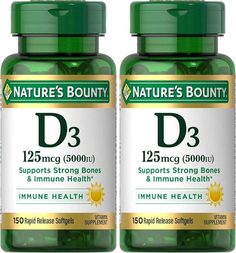 Příroda 's Bounty Vitamin D3, Imunitní a Kostní podpora, 5000IU, Rychlé uvolnění Softgels, 150 Ct (Balení po 2)