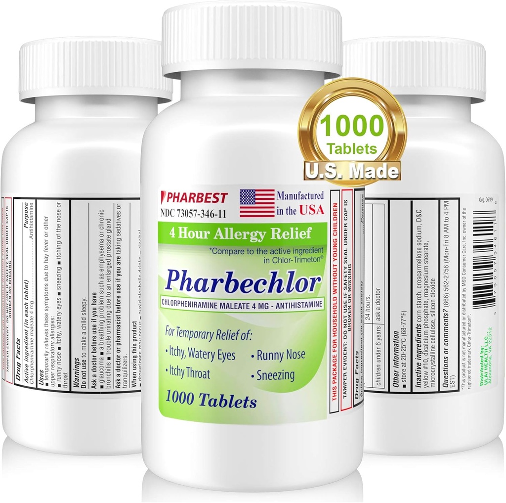 Ulai 4 Hodinové alergie Relief 1000 Ct [Made in USA] Dutch 124; Itchy, Waterry Eyes, Runny Nose, Nézt, Sinus Relief Uleif 124; Chlorfeniramine Maleate 4 mg Uleate 124; Antihistamin Alergy Medicine Pharbechor (1 lahvička)