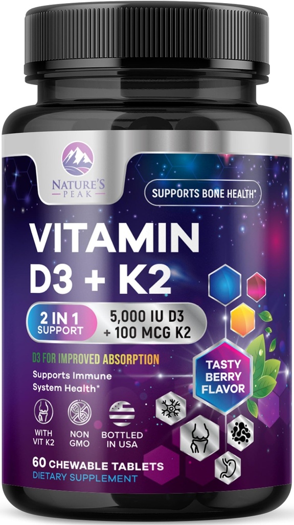 Vitamin D3 K2 - 5000 iu Vitamin D3 & 100 mcg Vitamin K2 (MK-7) Komplex pro imunitní podporu - Kost, zuby a svalová podpora zdraví - Berry Žvýkací, Gluten Free, Non- GMO, Lahev v USA - 60 Tablety