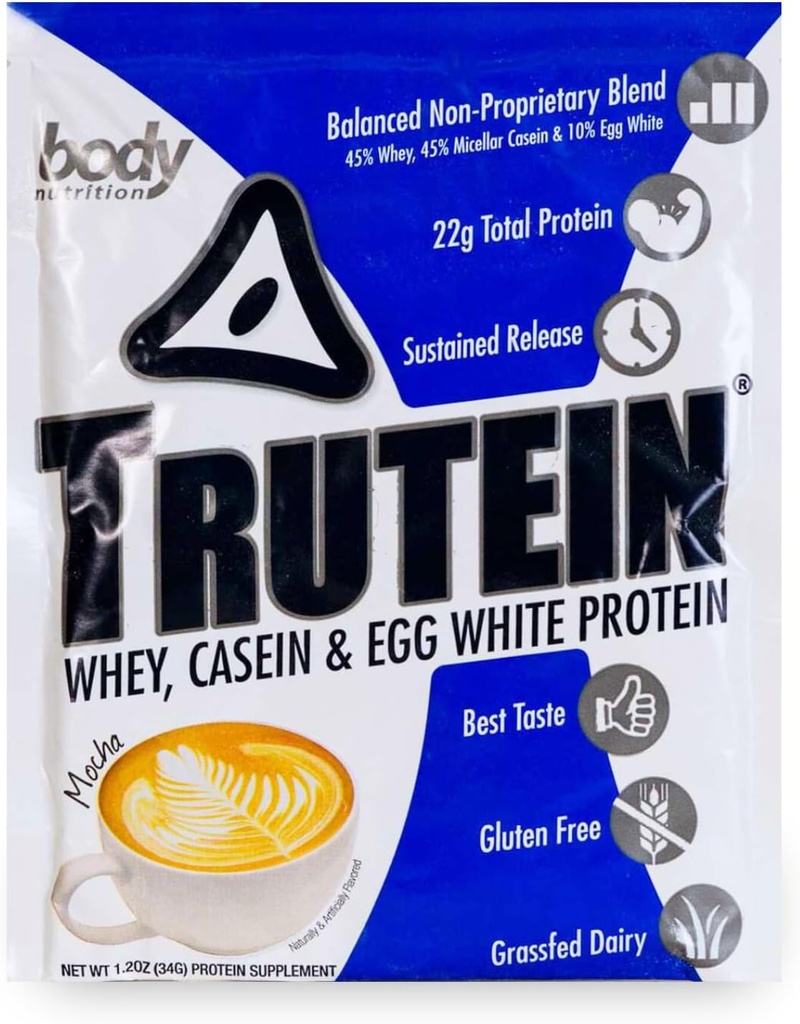 Body Nutrition Trutein High Protein Powder: 45% syrovátka, 45% kasein, 10% Vejce bílá, gluten- Free, Nízký sodík, Tráva Fed syrovátkový prášek, Gym dodatek a snídaně Shake, Mocha, 34g Vzorek