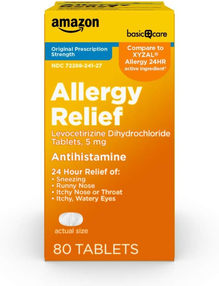 Basic Care 24 hodinová alergie Relief, Levocetirizin Dihydrochloridové tablety, 5 mg antihistaminikum pro močení, Runny Nose, Itchy Nose nebo Krk a Itchy, Watery Eyes, 80 Count Pack