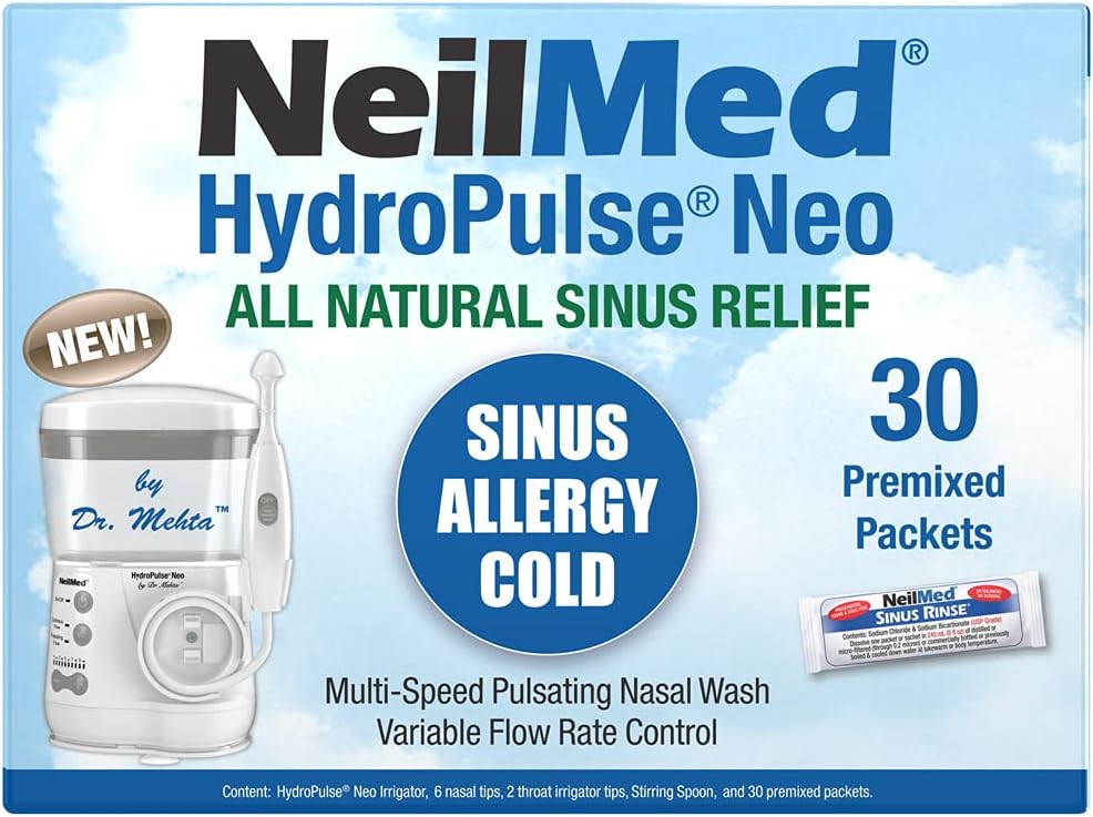 NeilMed HydroPulse Neo. Multi- Speed Electric Pulsating Nasal Sinus zavlažovací systém s 30 Sinus Rinse Premixed Packets.