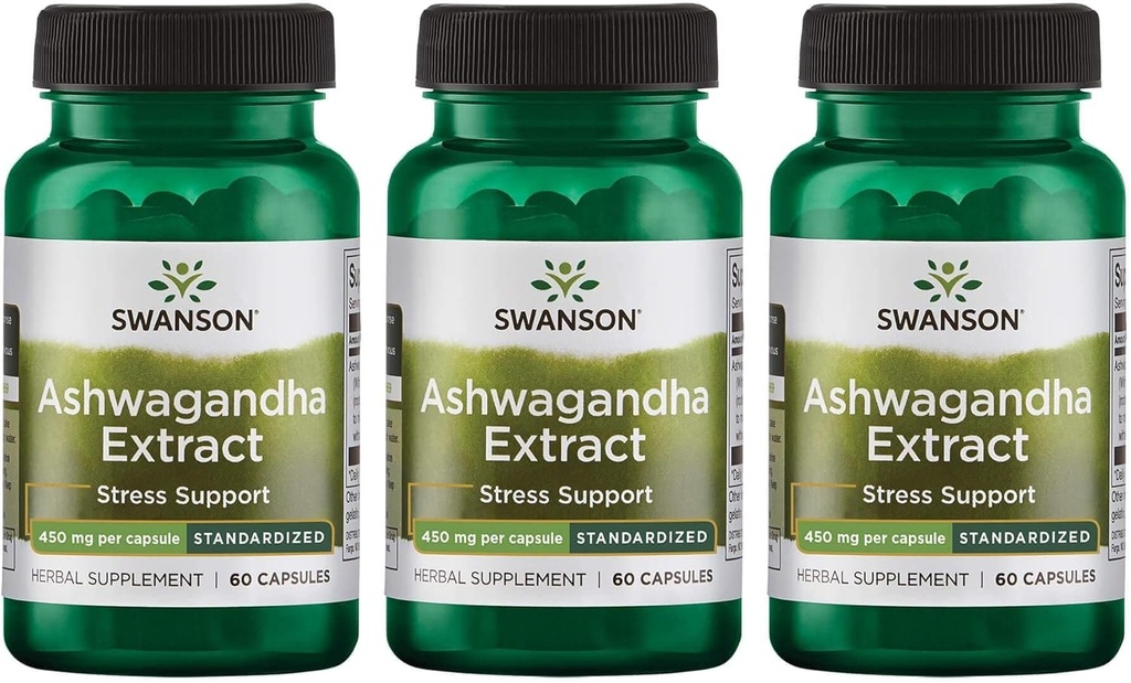 Swanson Ashwagandha Extract- Přírodní dodatek Podpora zdravého stresu, Podpora energie a nervový systém Zdravotní-Ayurvedic dodatek pro přírodní wellness- (60 Kapsle, 450mg každý) (3 Pack)