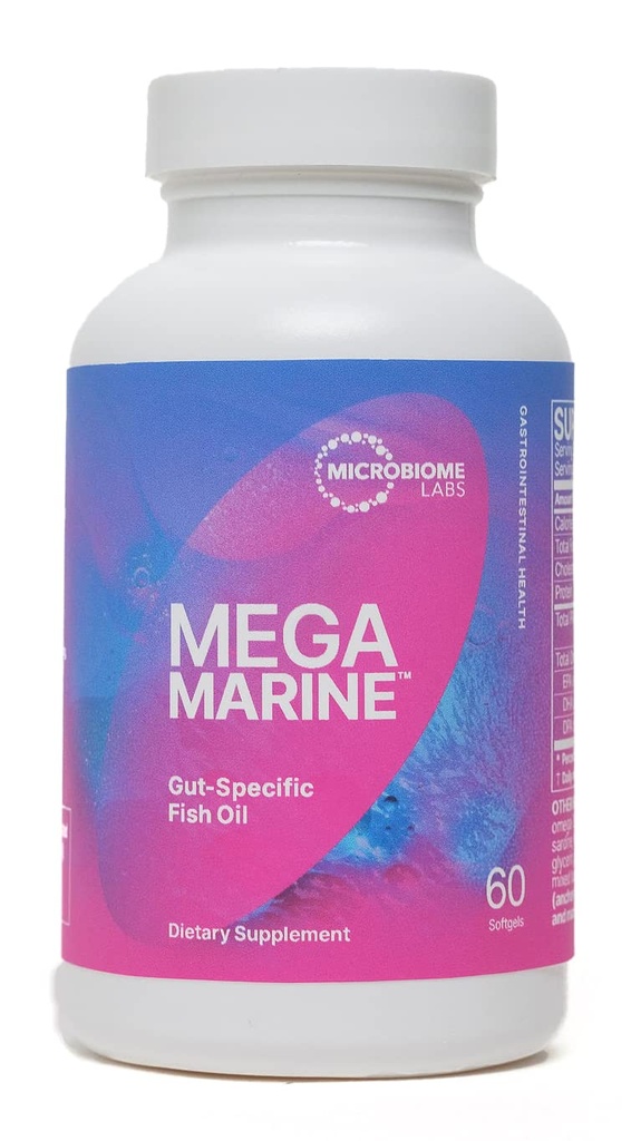 Mikrobiomy Labs MegaMarine Omega 3 Rybí oleje doplňky - Gut- Specific EPA DHA Omega 3 Dodatek s DPA pro Gut zdraví - Podpora imunitní & Gut bariérové funkce (60 Softgels)