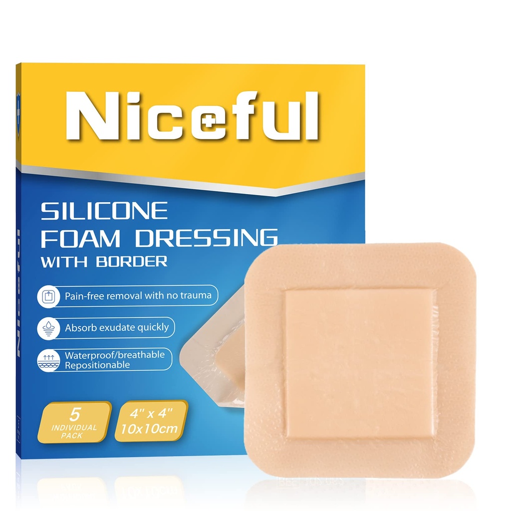 Silikonový pěnový dresing 4 "x4", vodotěsný silikonový obvaz s přiléhavým okrajem, vysoce absorbantní nocleh s přísadou pro péči o rány (2.5 "X2.5" Pad), 5 balení, FSA HSA Způsobilé