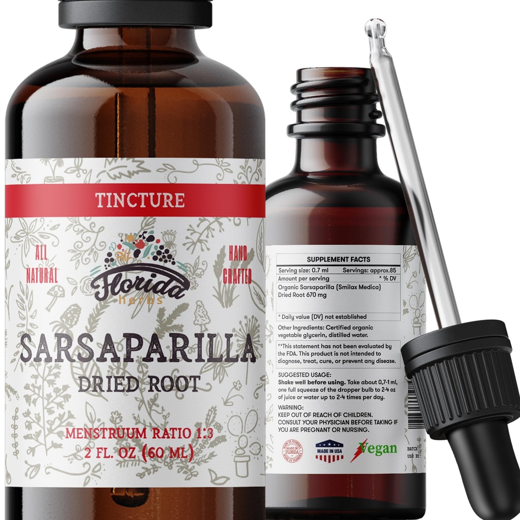 Sarsaparilla tinktura, Organic Sarsaparilla Extract (Smilax Medica) Sušený kořen, Non- GMO in Cold- Pressed Organic Zeleninové Glycerin 2 oz, 670 mg
