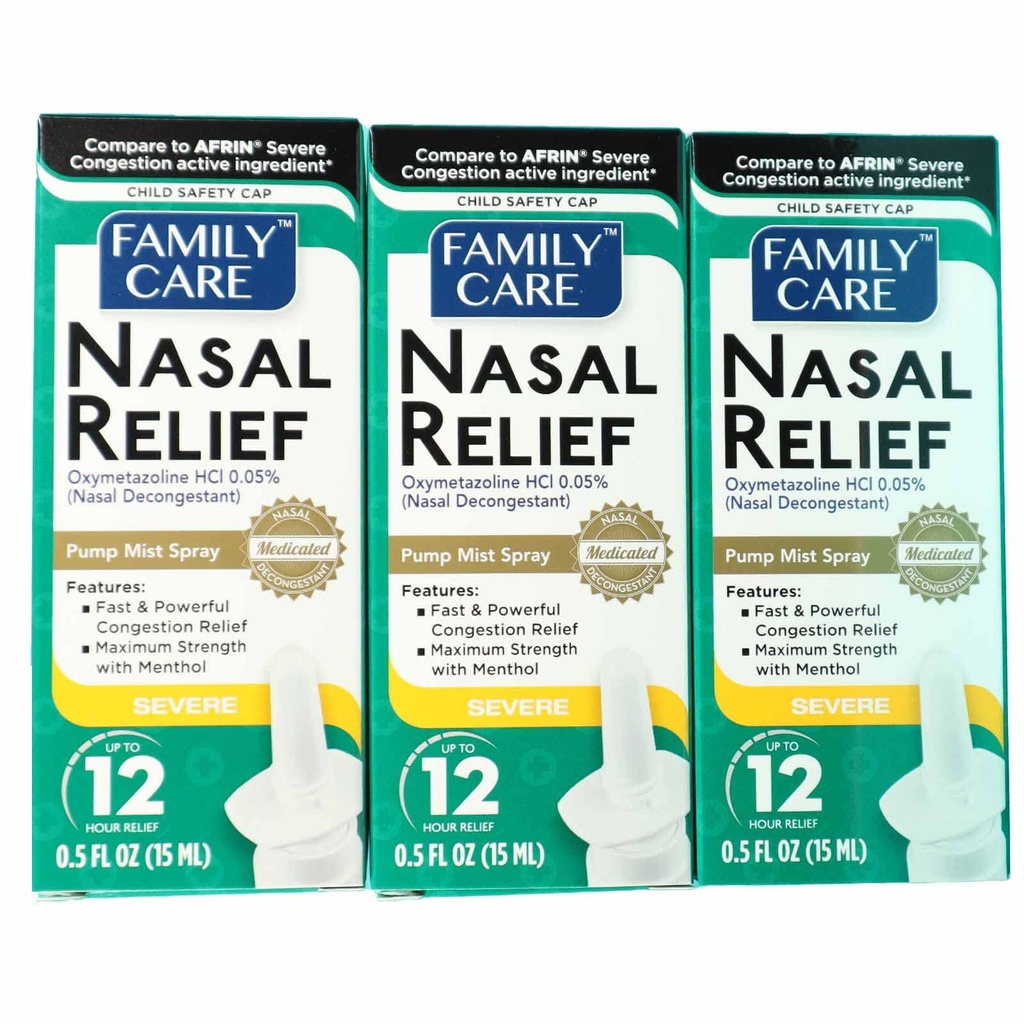 FamilyCare Nasal Relief Spray, Pump Mist, Anti- kapačka, těžké zácpy, (Oxymetazolin HCI) 12 hodin, 3 balení