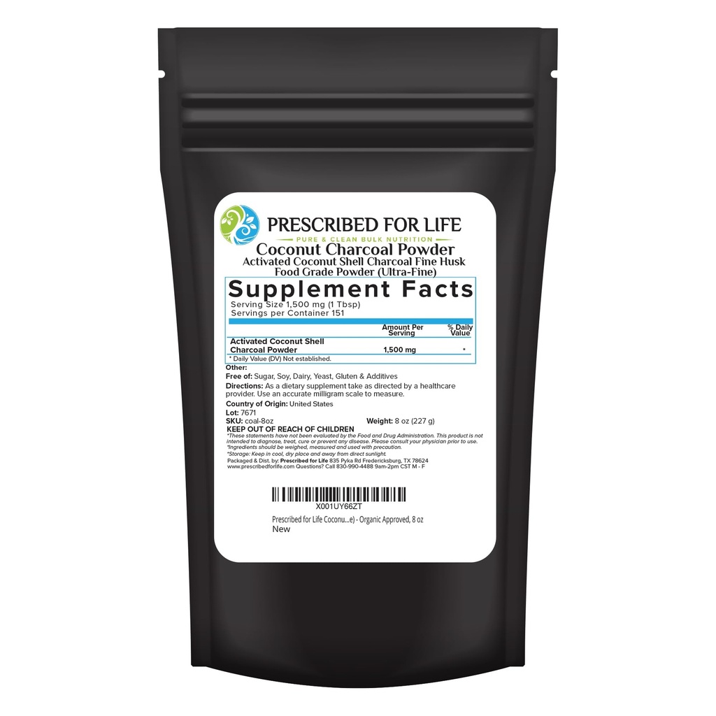 Předepsaný pro život Activated Charcoal Powder, Coconut Shell Charcoal Ultra Fine Husk Food Grade Powder (8 oz)