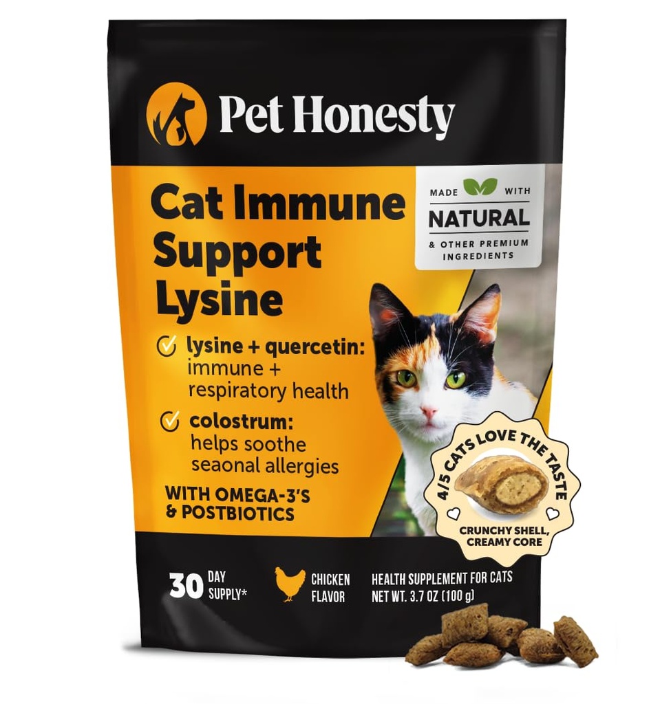Cat Imunity Support Lysin - Alergie Relief & Imunitary Health Dodatek pro kočky s L- lysin, Colostrum, Quercetin & Omega33 - Povzbuzení, Runny Nose & Itchy Skin Chicken, (30- Day Supply)