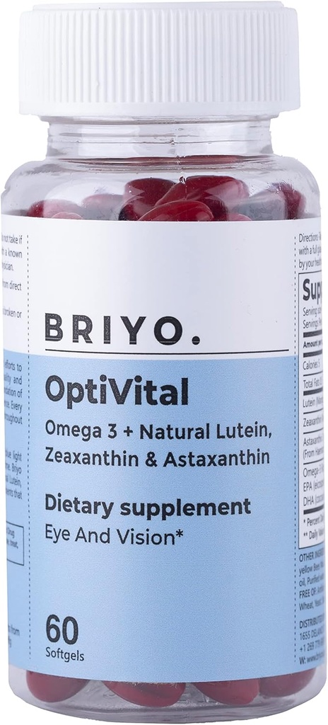 Briyo Optivital Eye Health Dodatek s Lutein, Zeaxanthin, Astaxanthin a Omega 3 - Podporuje vizuální jasnost, obrazovka Únava Relief a dlouhodobé sítnice zdraví - Jeden den, 60 Softgels