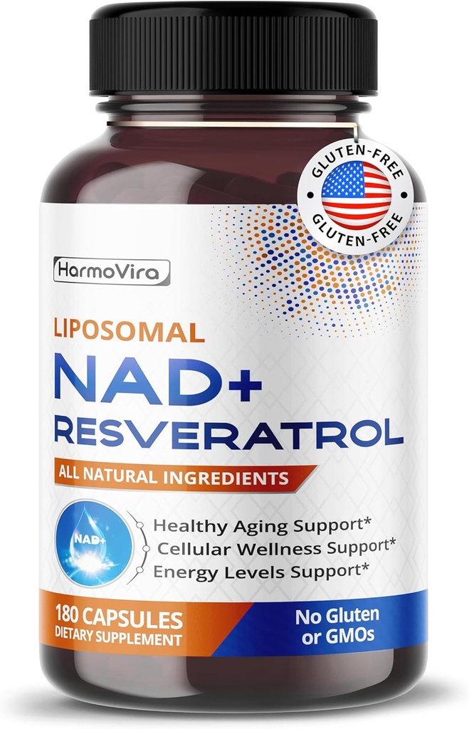 Lipozomální NAD + 600mg s Resveratrolem 200mg pro buněčnou energii a zdravé stárnutí - 180 Kapsle - Vegan, Non- GMO, USA Made