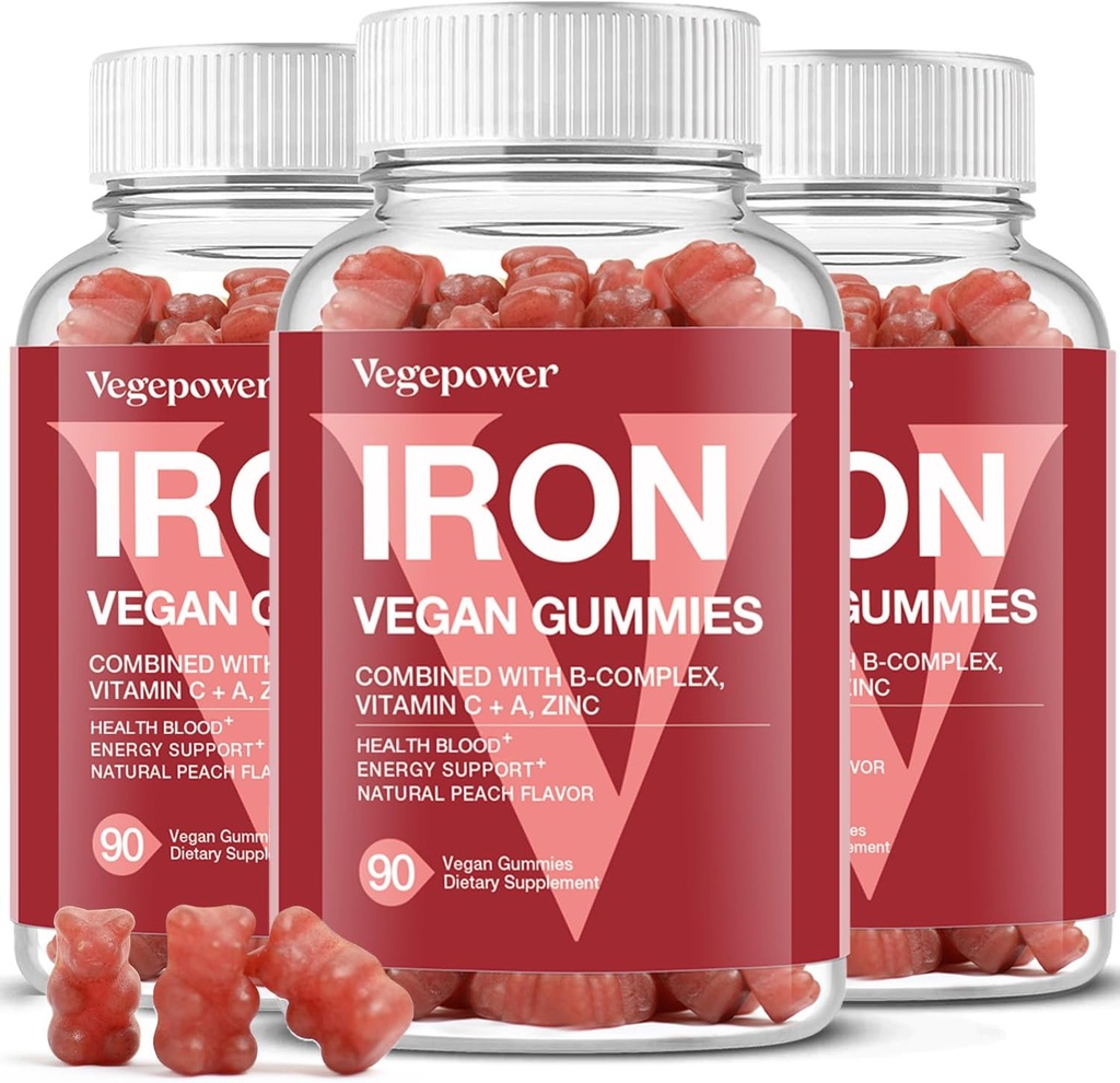Železné žvejkačky doplňky pro ženy a děti - Multivitamin se železem pro kyslík v krvi, Great Ochutnávání Gummy Vitamíny s vitamínem C pro Max Absorpce - Vegan Chewable, Peach Flavor (3 balení)