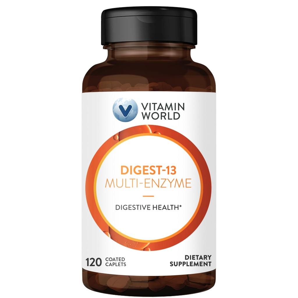 Vitamin World Digest- 13 Multi- Enzyme, 1010mg Digestivní Enzymy Směs s amylázou, Bromelain, Papain & Lipáza pro potravu a absorpci, Digestivní Enzymy pro floating & Gas, 120 Kaplety