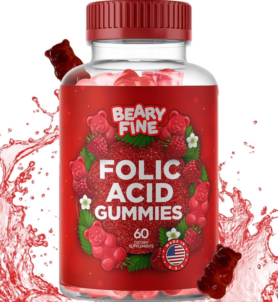 Folic Acid Gummies 400mcg - Základní Prenatal & Těhotenství Gummy pro ženy, Moms & Baby Be - 60 Malina Ochucené Folate Gummy Vitamíny - Vyrobeno v USA