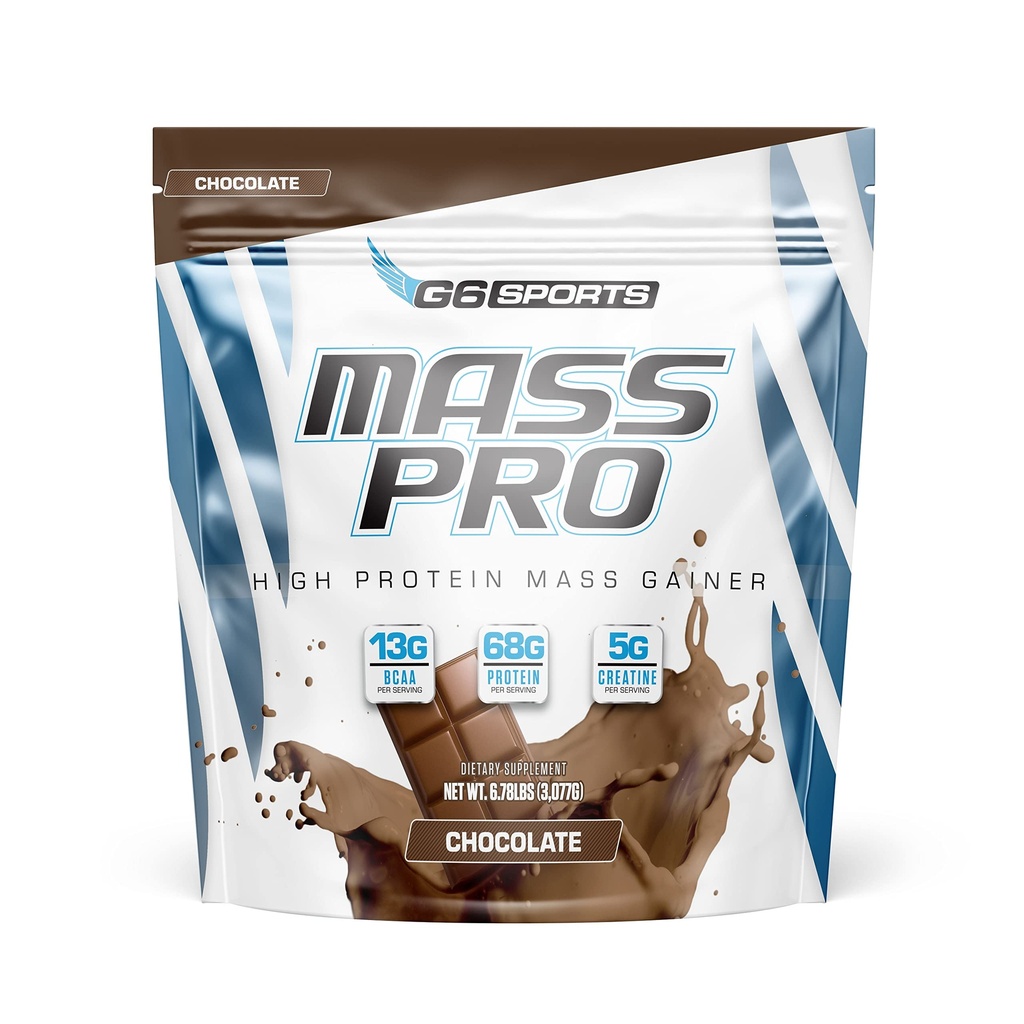 G6 Sports Nutrition Mass Pro High Protein Mass Gainer (64g protein, Avocado Powder, Coconut Oil Powder, MCT Oil Powder) - 7 lb Bag - Chocolate
