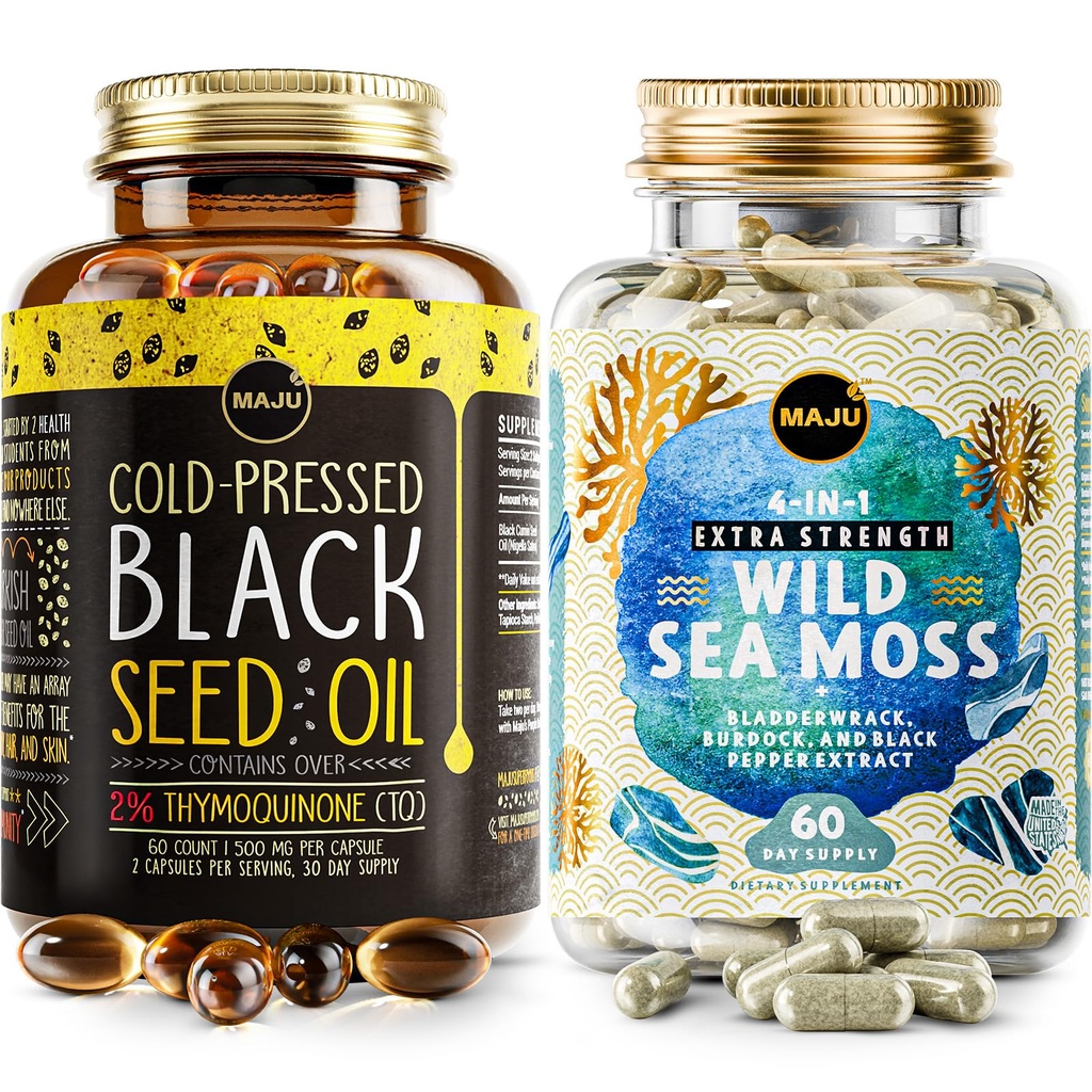 Maju Superfoods 4- in-1 Mossové kapsle a černé olejové kapsle Bundle