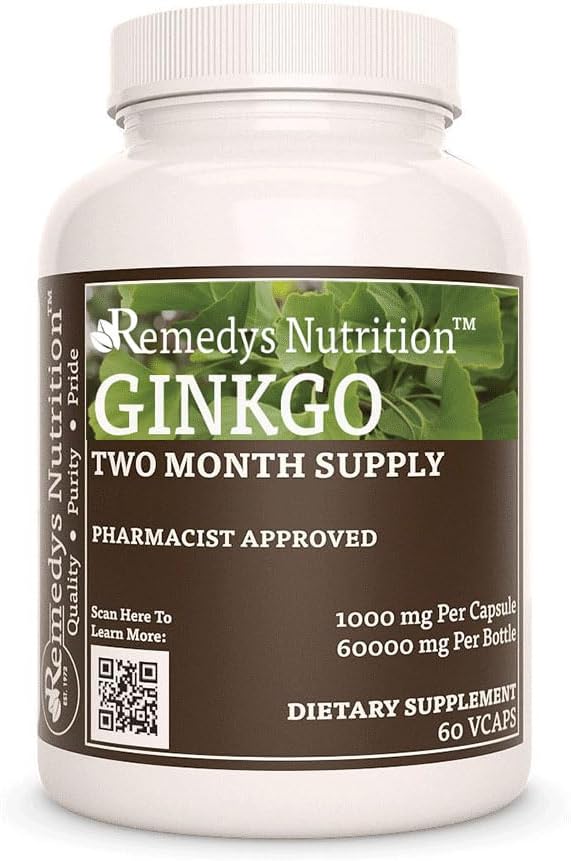 Remedy je výživa Ginkgo Biloba 124; 1000 mg, 60 Vegan Kapsle Bylinný doplněk stravy 124; Dva měsíce dodávky