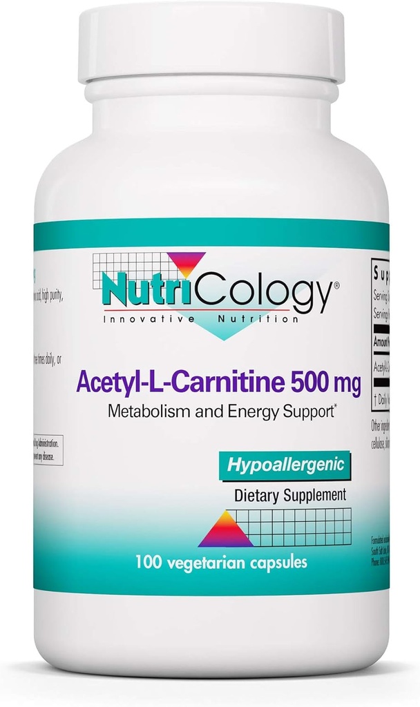 Nutricology Acetyl- L- Carnitin 500mg Dodatek - Metabolismus a podpora energie, ALC, Bezplatná forma aminokyseliny, Vegetariánské kapsle - 100 Počet