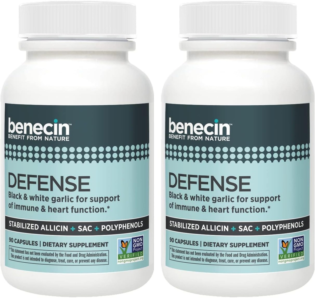 Benecin Defense 1500 mcg stabilizovaný Allicin na kapsli 124; Plus vysoké množství SAC a polyfenolů z černého česneku 124; Výkonná podpora imunitních a srdečních funkcí Vegetariánské čepice (1 počet (balení 180))