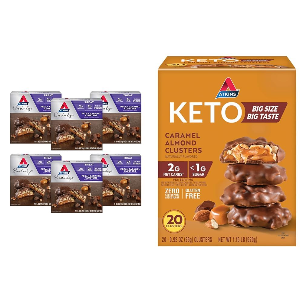 Atkins Pecan Karamel & Karamel Almond Clusters, 60 & 20 Počet, High Fiber, Nízký cukr, Nízký karb