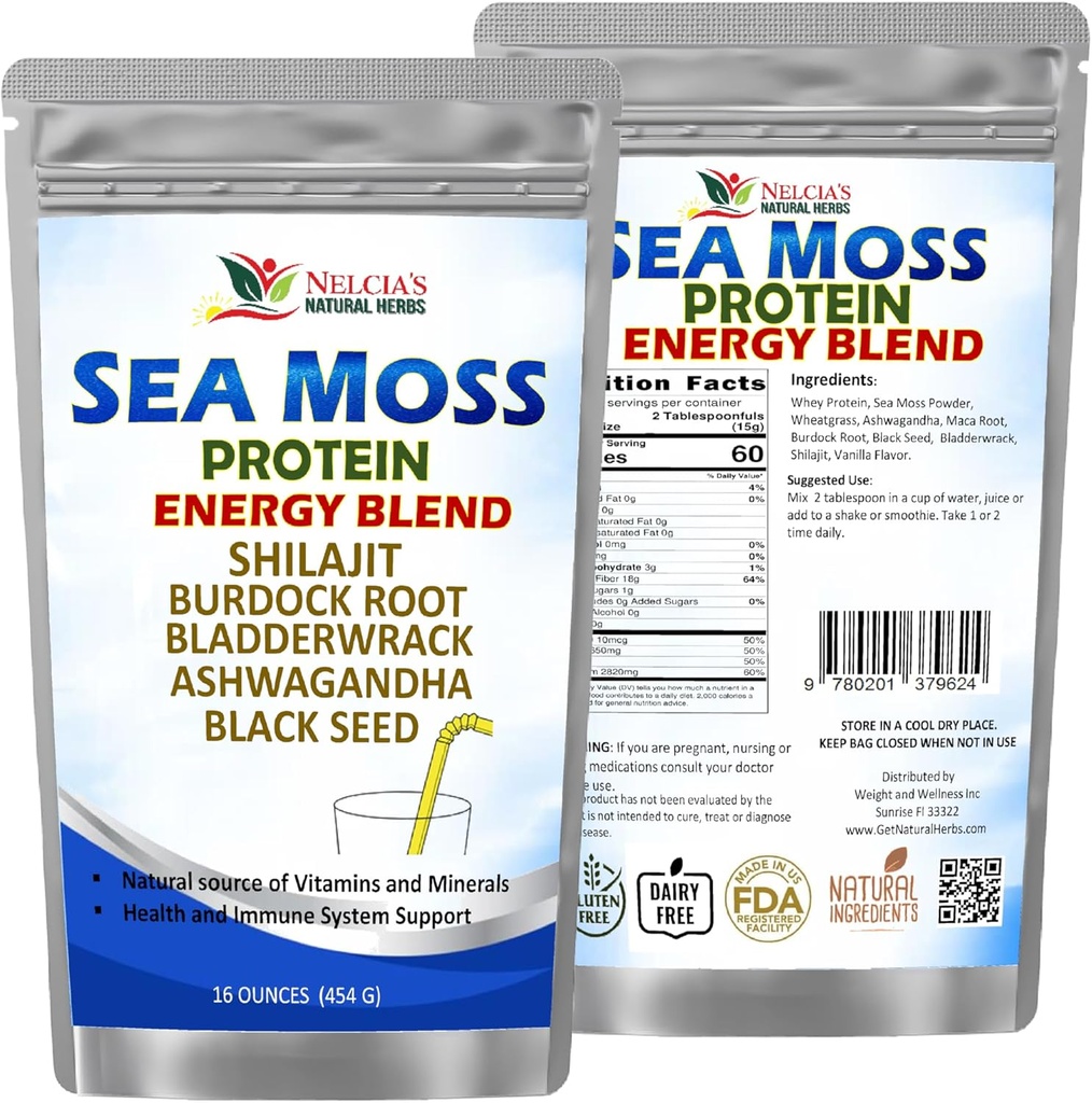 NELCIA 'S NATURAL HERBS Sea Moss Ashwagandha Protein Powder - Natural Irish Sea Moss, Bladderwrack and Burdock Root, Black Seed and Shilajit Powder (16oz)