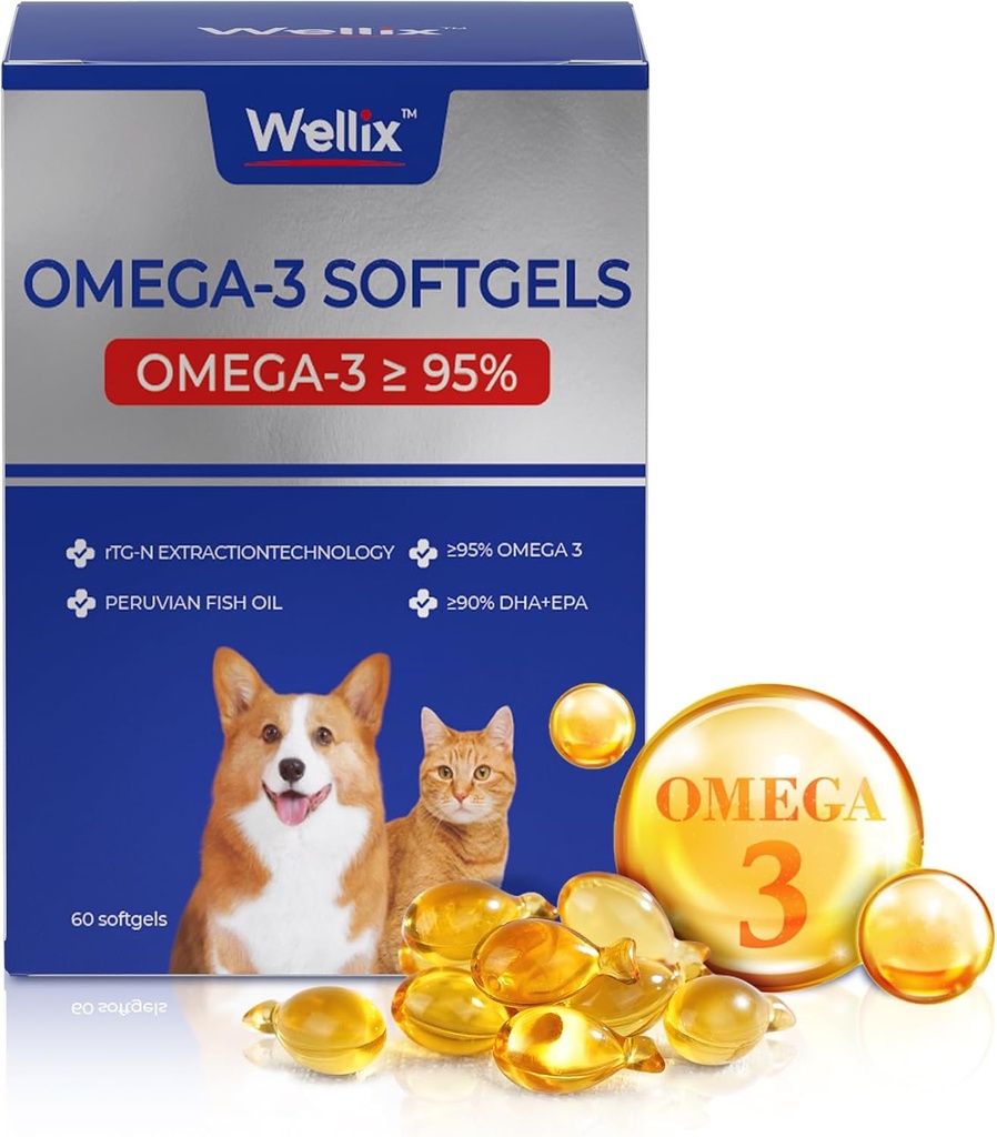 Wellix čistý Omega 3 Rybí olej pro psy a kočky, kůže a kabát dodatek pro vypouštění, Promotes srdce, kůže, plášť, kloub, a imunitní zdraví více než 95% Omega 3, bohaté na EPA + DHA, 60 Softgels