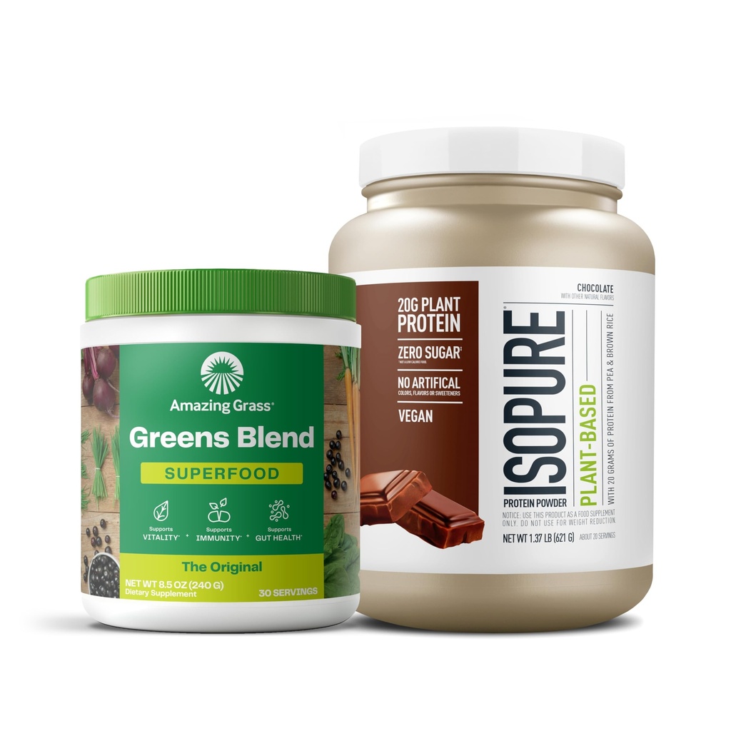 Svazek úžasných travnatých zelenin Superfood Powder: Original, 30 Servings + Izopure Chocolate Vegan Protein Powder, Plant based, Organic Pea Protein, Dairy Free, 20 Servings (Balení květen Vary)