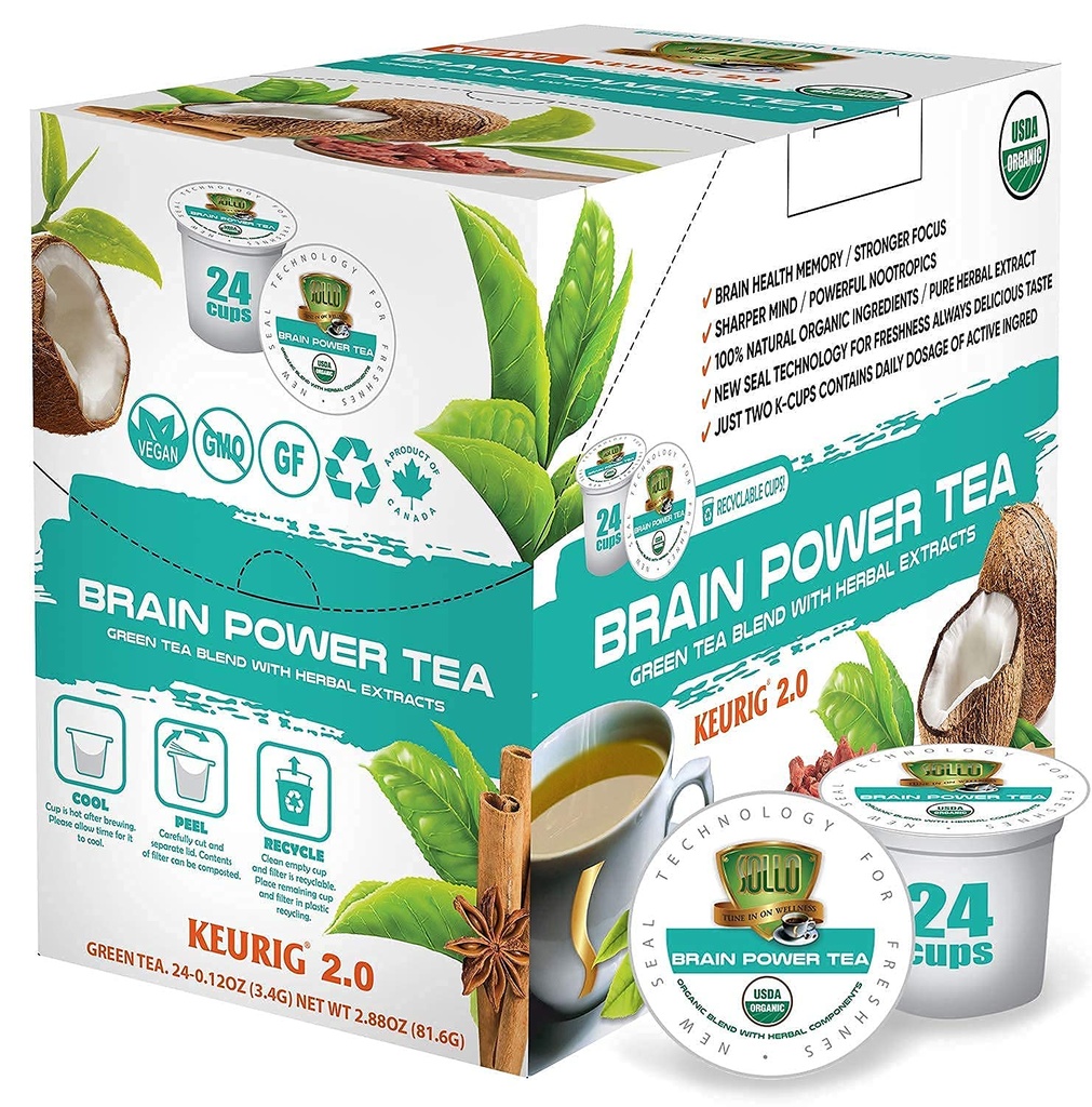 SOLLO Mozek Power Organic Green Tea Pody s MCT, Acai & Essential výživa, Nootropní mozek Booster - Zlepšuje paměť a zaměření kompatibilní s 2.0 K- Cup Keurig Brewers, 24 Ct