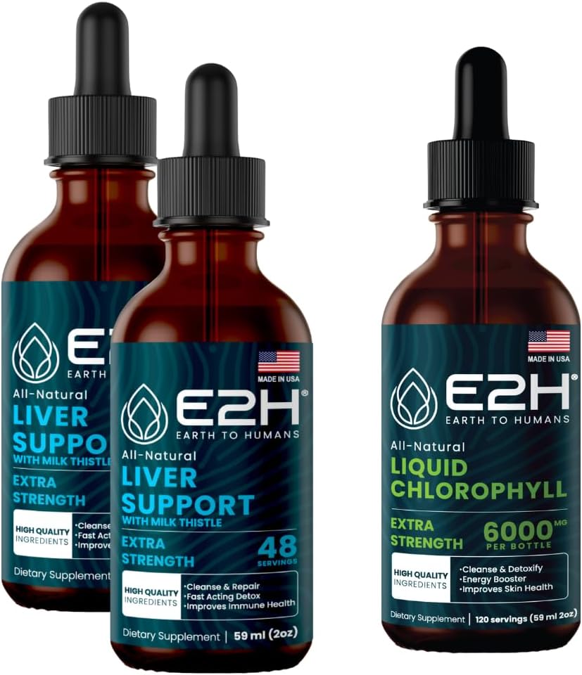 E2H: Dodatek k podpoře jater (2 Pack - 4 Fl Oz) a chlorofylové kapalinové kapky (Single Lahvička - 2 Fl Oz)