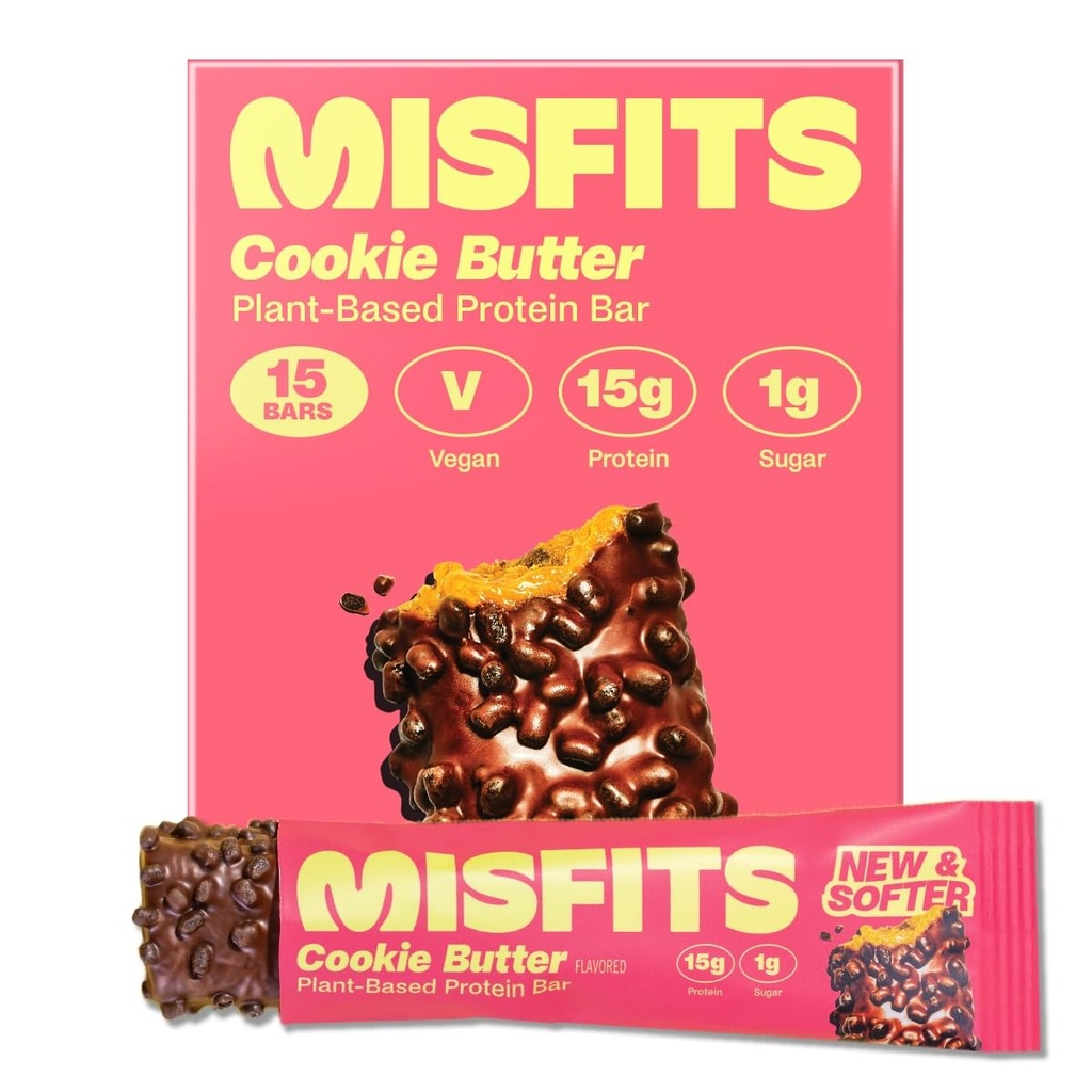 Misfit Vegan Protein Bary, Cookie máslo - Aktualizováno recept 124; Plant based, Nízký cukr & Karb, High Fiber Snacks 124; Balení po 15