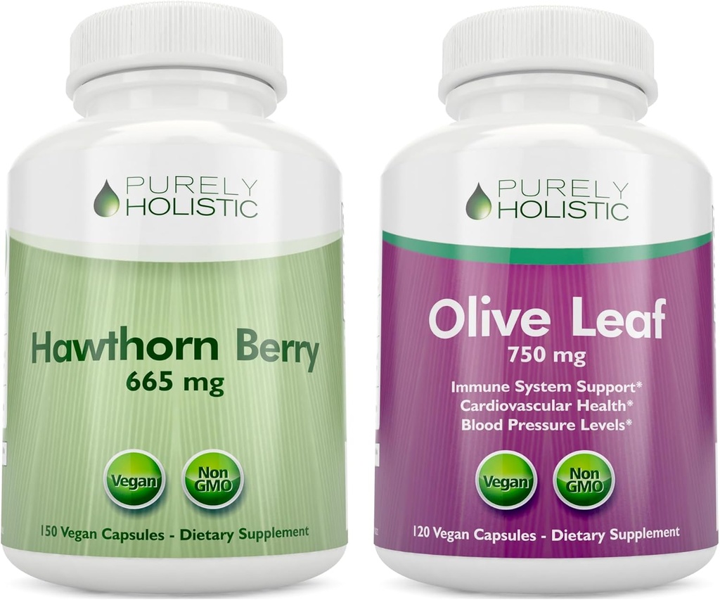 Čistě holistický Hawthorn Berry 665mg + Olive Leaf Extract 750mg Bundle + 270 Vegan Kapsle - Made in The USA