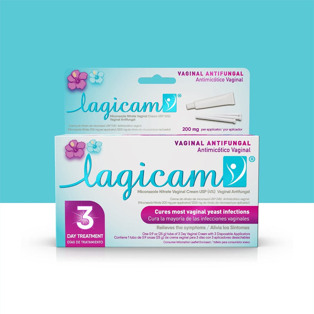 Lagicam 3 den Vaginální kvasinková infekce Léčba pro ženy, Začněte pracovat na 1. den, Miconazole nitrát, Antimykotické krém uvolňuje Svědění a podráždění, 3 Jednorázové aplikátory & krém (1 balení)
