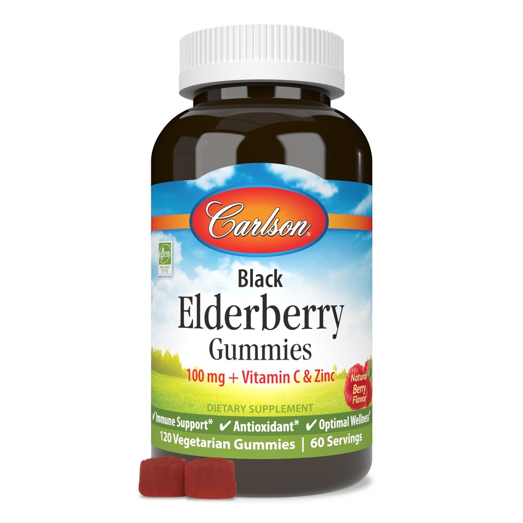 Carlson - Black Elderberry Gummies, s vitamínem C & Zinek, imunitní podpora, 120 Gummies